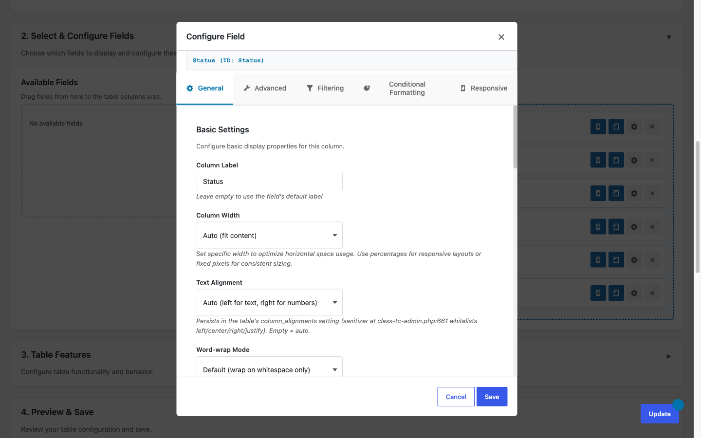 Configure formatting, width and alignment per column.
